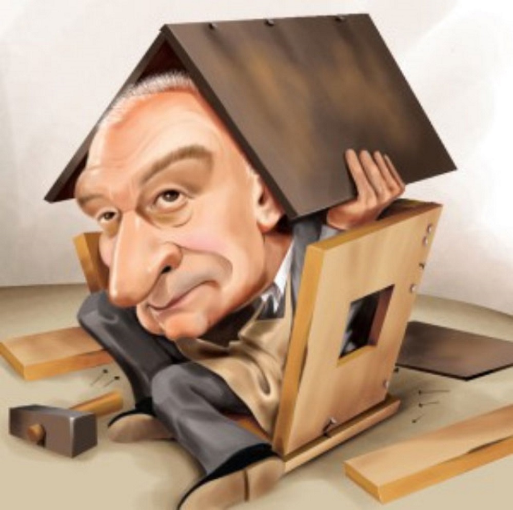 Карикатурное изображение человека накрытого крышей дома, решающего жилищный вопрос