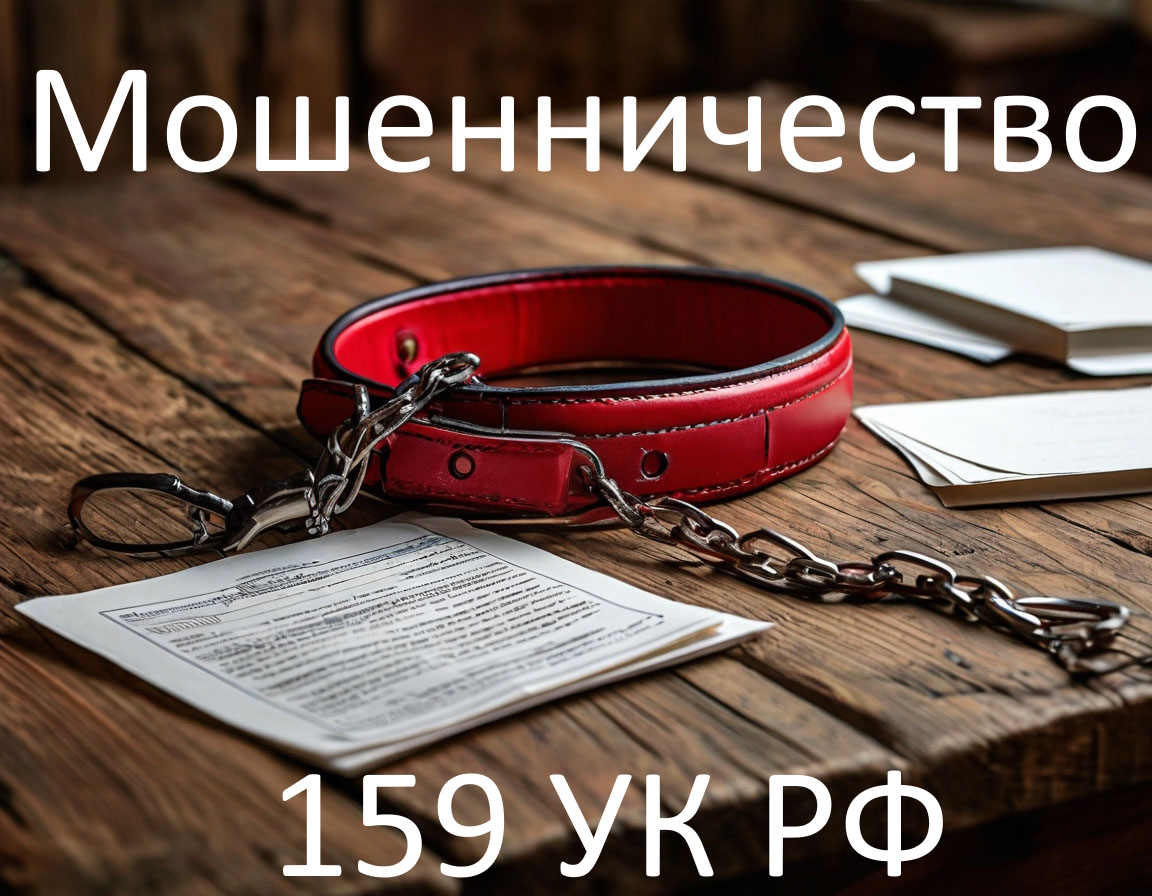 Изображение деревянного стола, наручников, листов и надписи "Мошенничество 159 УК РФ"