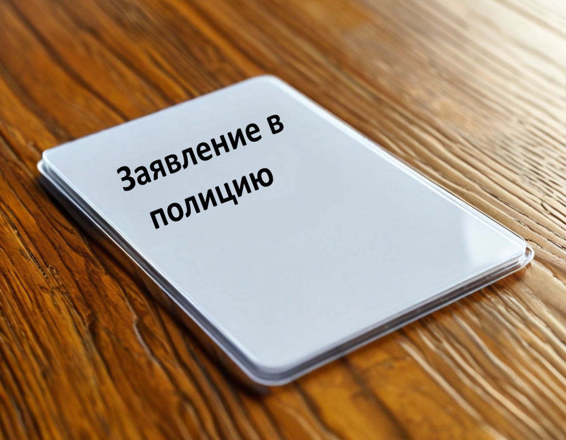 Изображение блокнота на деревянном столе с надписью "заявление в полицию"